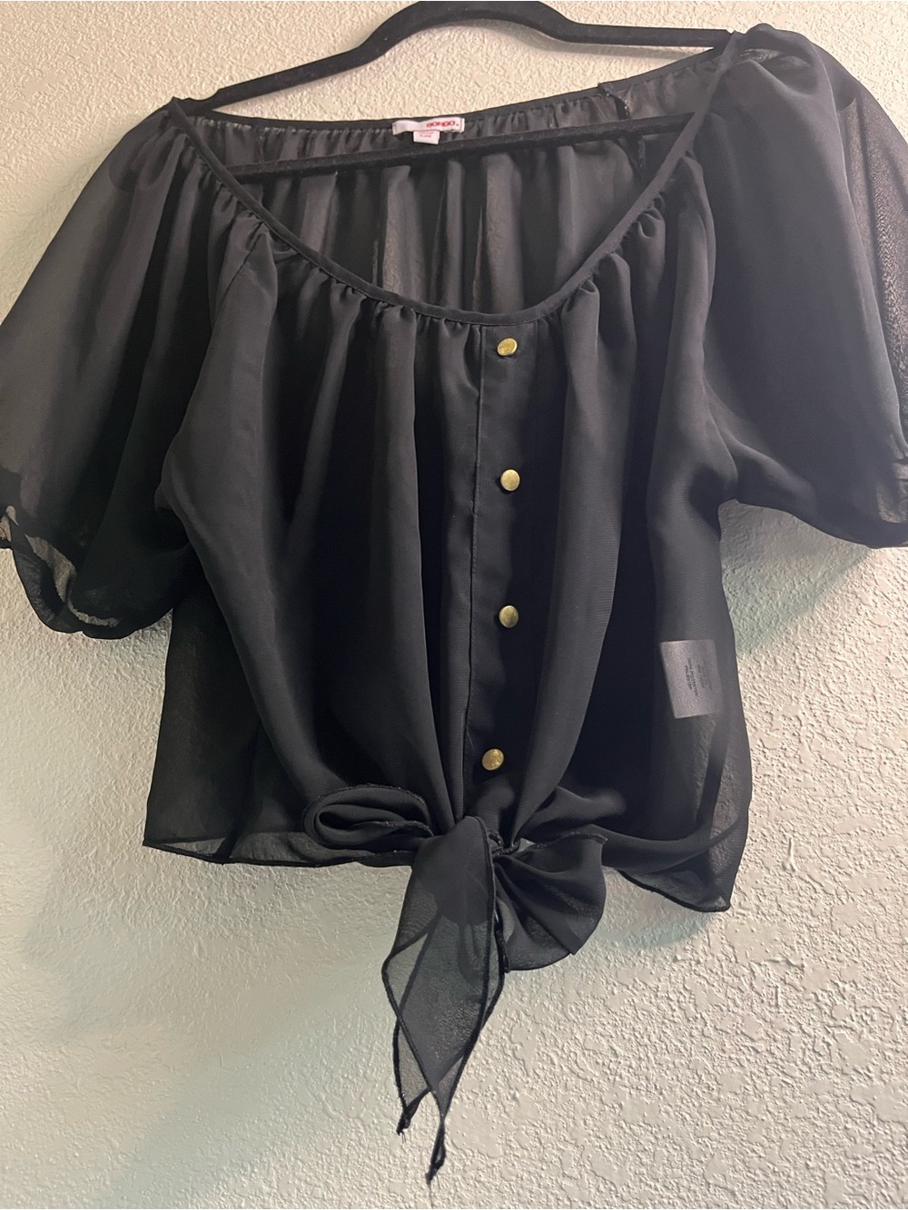 BONGO Black Sheer Tie-Front Blouse with Gold Buttons